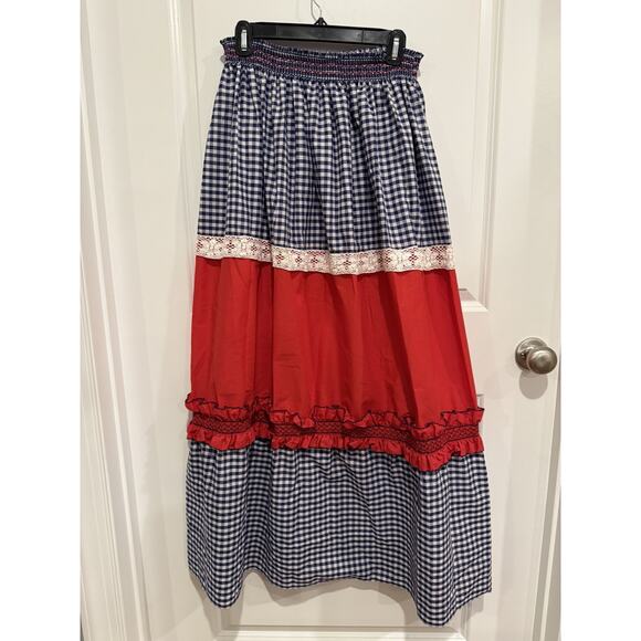 Red White & Blue Gingham Tiered Maxi Skirt Handmade Lace Prairie Cottagecore - Picture 1 of 9